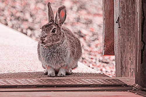Hesitant Bunny Rabbit Considers Crossing Wooden Bridge (Red Tone Photo)