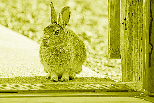 Hesitant Bunny Rabbit Considers Crossing Wooden Bridge (Yellow Shade Photo)