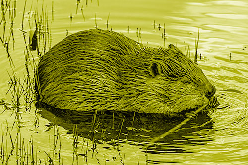 Sitting Beaver Nibbles Branch Along Shallow Rivershore (Yellow Shade Photo)